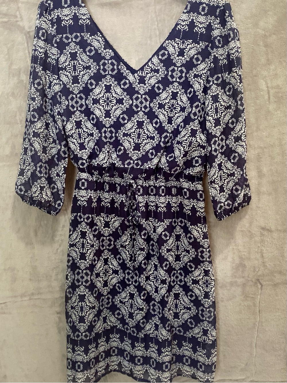 Tacera Navy Blue Printed V-Neck Blouson Style A-Line Women’s Dress small